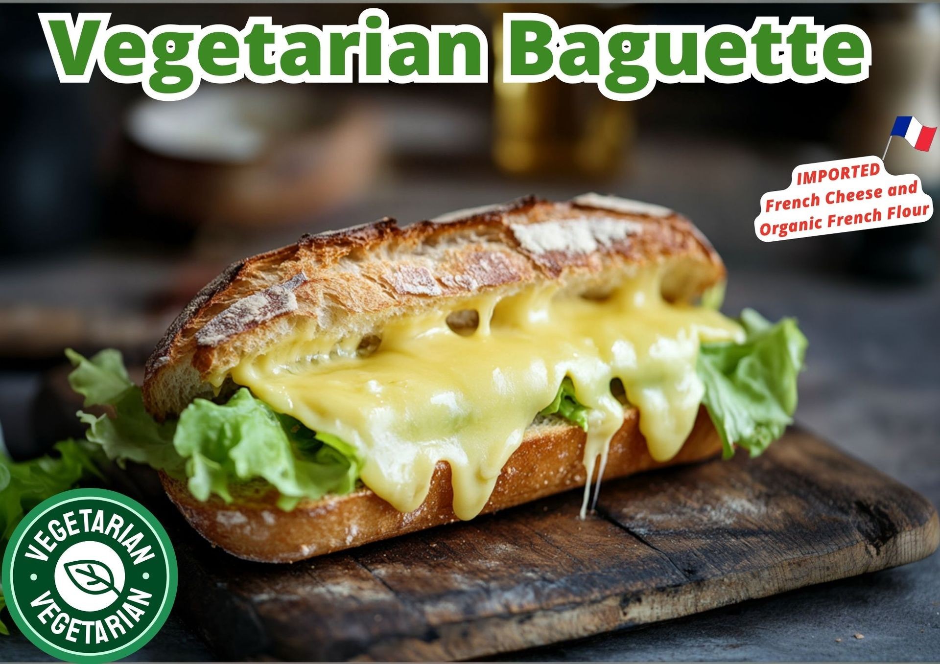 Vegetarian baguette with melted cheese and lettuce on a wooden board, featuring French ingredients.