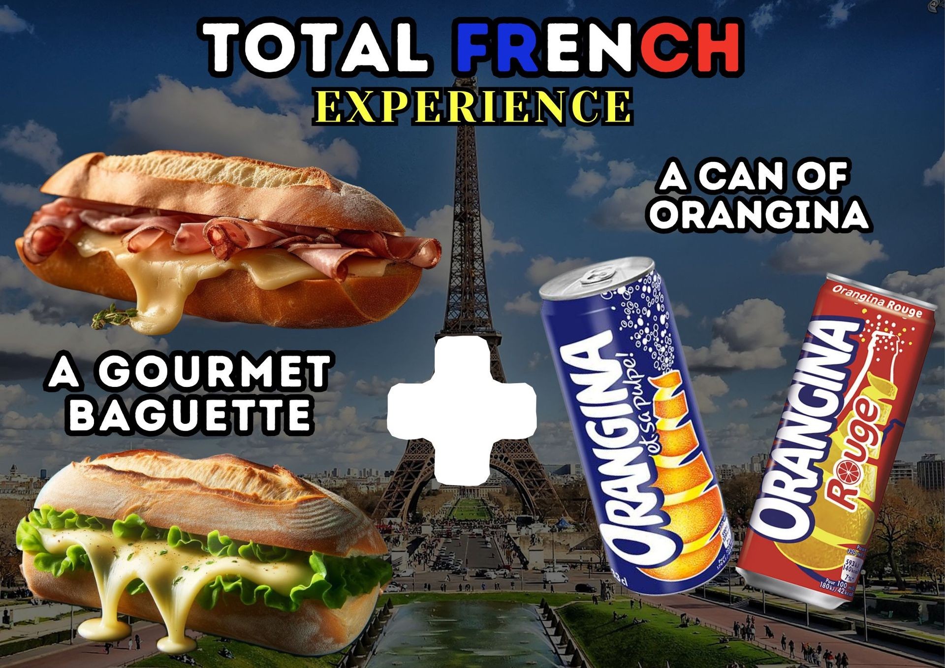 Total French Experience: gourmet baguette and Orangina cans with Eiffel Tower background.