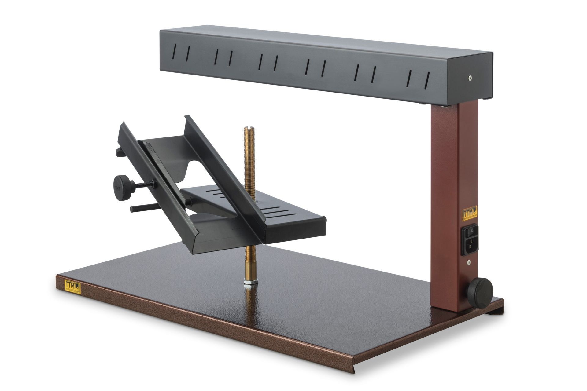 Metal desktop book holder with adjustable angles and sturdy base, featuring a dark and bronze finish.