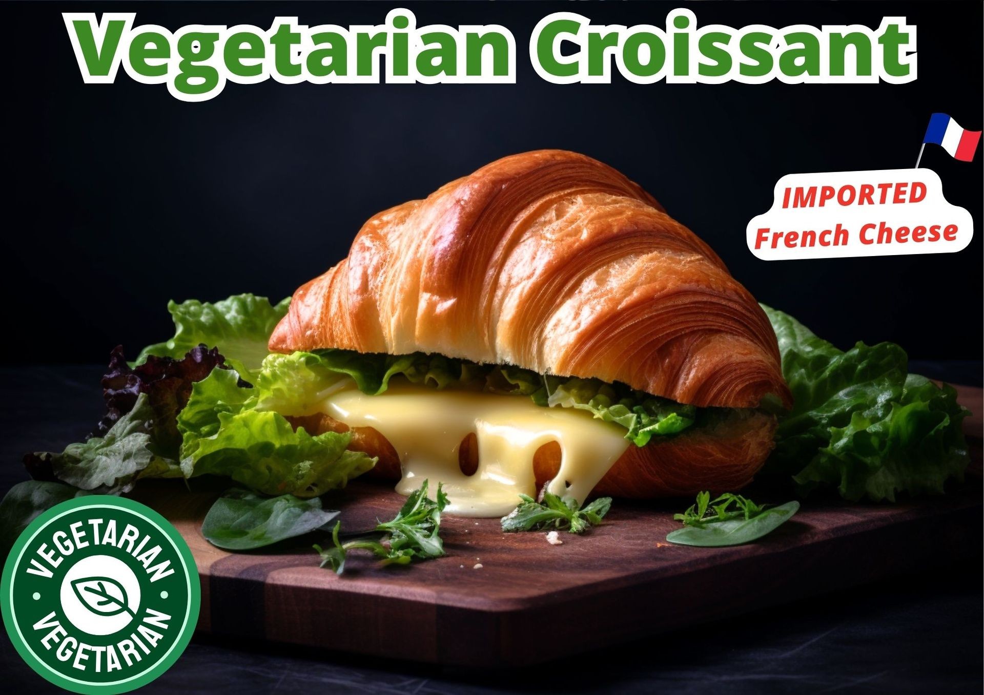 Vegetarian croissant with imported French cheese and lettuce on a wooden board.